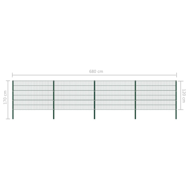 vidaXL zöld vas kerítéspanel oszlopokkal 694,5 x 120 cm