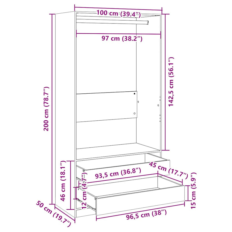 vidaXL betonszürke szerelt fa ruhásszekrény 100 x 50 x 200 cm