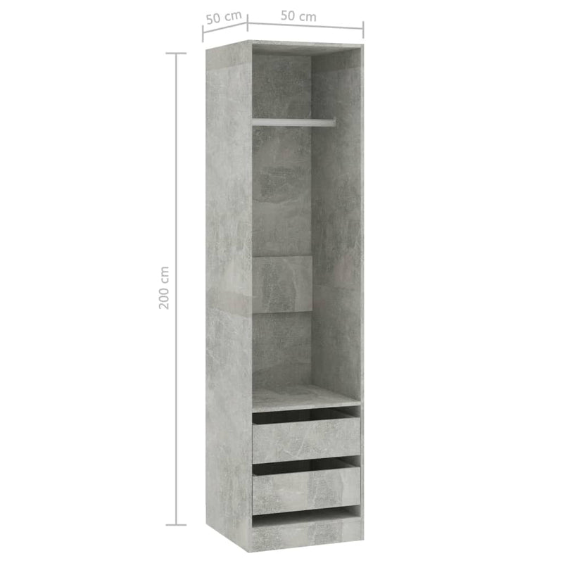 vidaXL betonszürke szerelt fa ruhásszekrény fiókokkal 50 x 50 x 200 cm