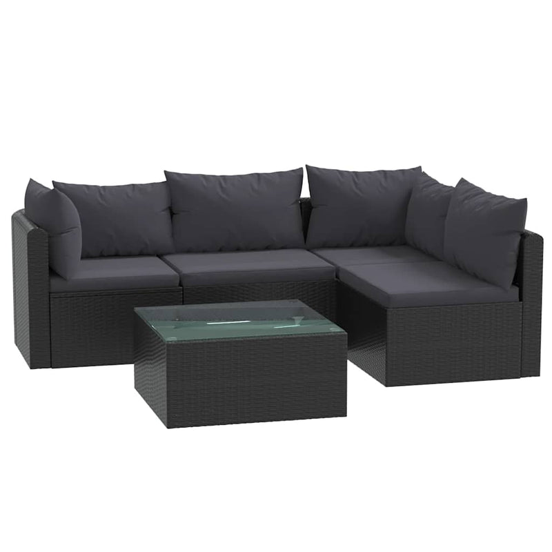 vidaXL 5 részes fekete polyrattan kerti társalgószett párnákkal