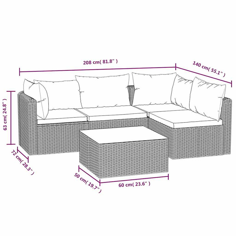 vidaXL 5 részes fekete polyrattan kerti társalgószett párnákkal