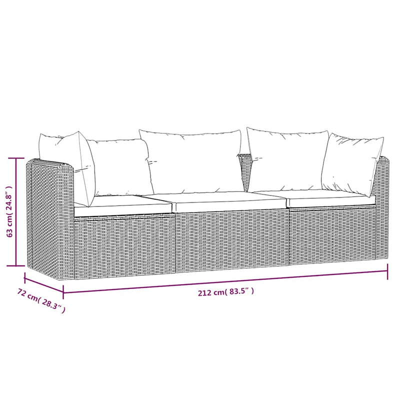 vidaXL 3 darabos fekete polyrattan kerti ülőgarnitúra párnákkal