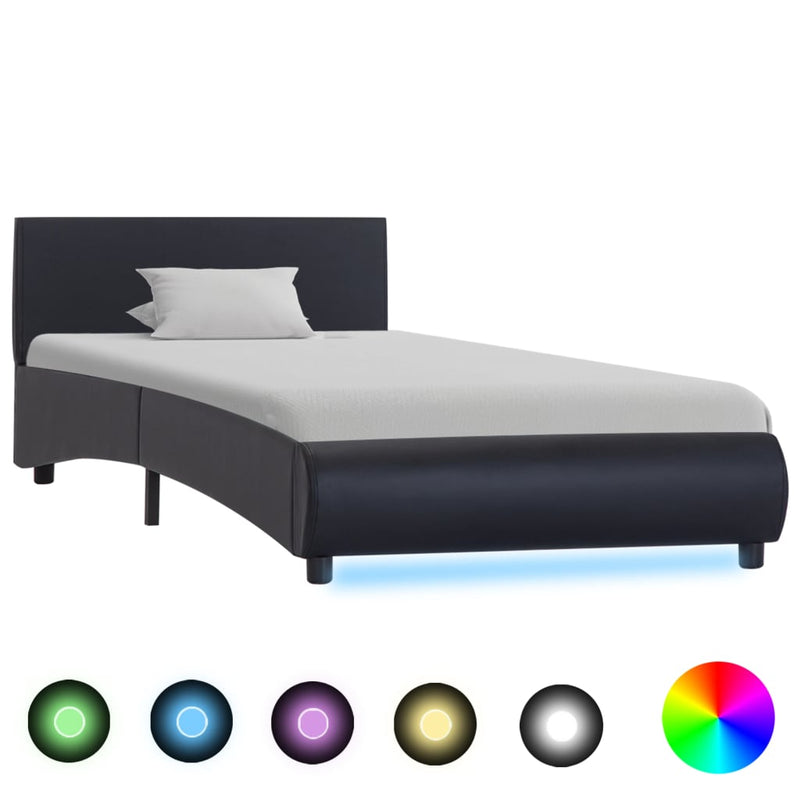 vidaXL fekete LED-es műbőr ágykeret 90 x 200 cm