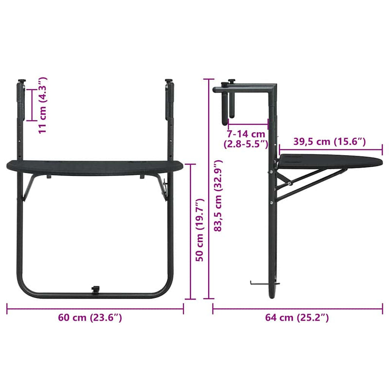 vidaXL fekete rattan hatású műanyag függő erkélyasztal 60x64x83,5 cm