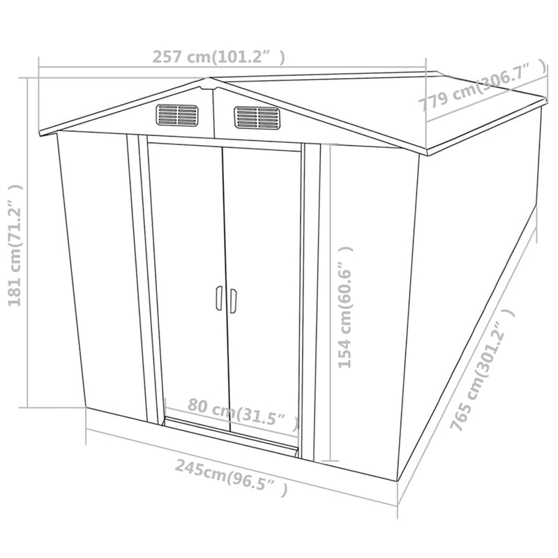 vidaXL zöld horganyzott acél kerti fészer 257 x 779 x 181 cm