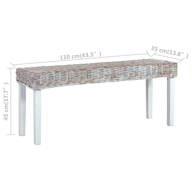 vidaXL fehér természetes kubu rattan és tömör mahagóni fa pad 110 cm