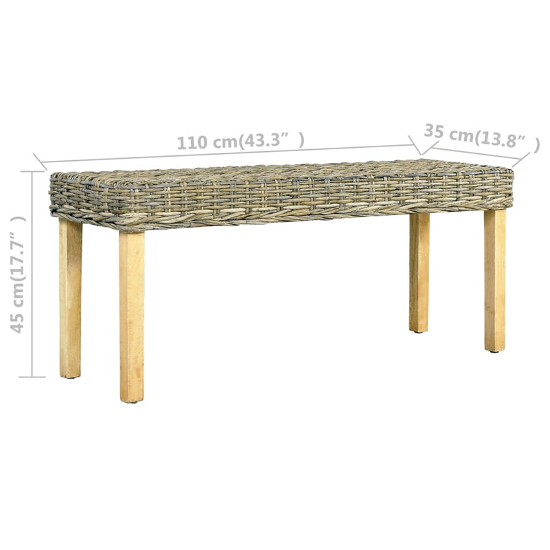 vidaXL természetes kubu rattan és tömör mahagóni fa pad 110 cm