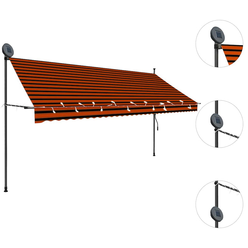 vidaXL narancssárga-barna kézzel feltekerhető LED-es napellenző 350 cm