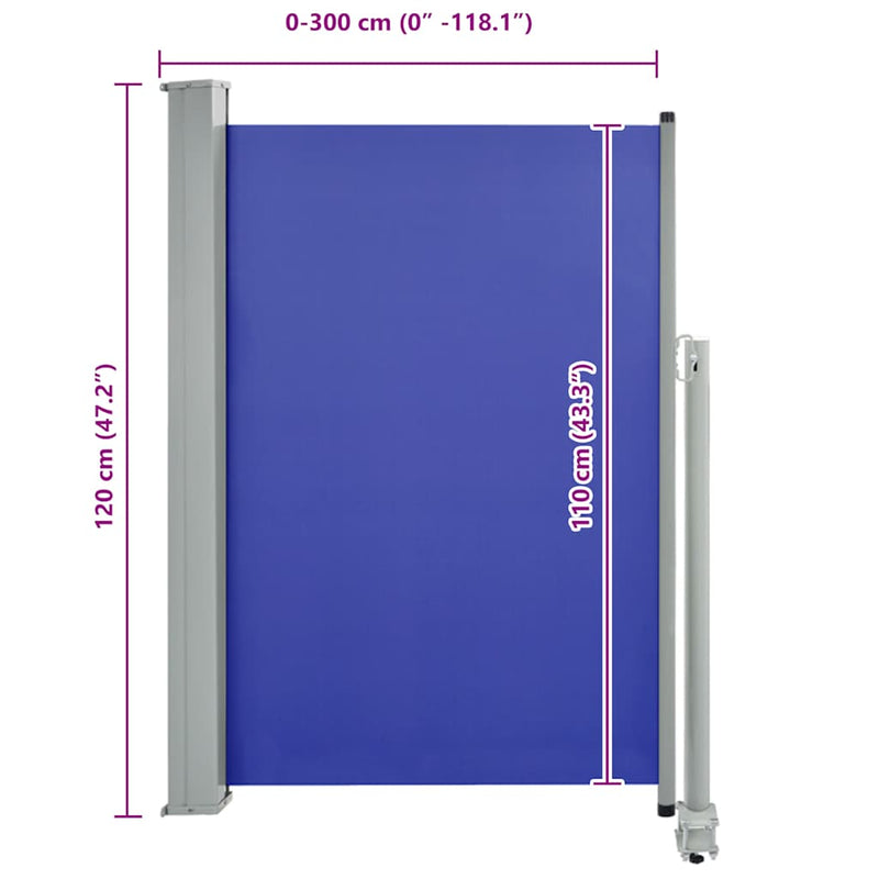 vidaXL kék behúzható oldalsó teraszi napellenző 120 x 300 cm