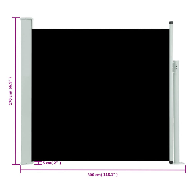 vidaXL fekete kihúzható oldalsó teraszi napellenző 170 x 300 cm