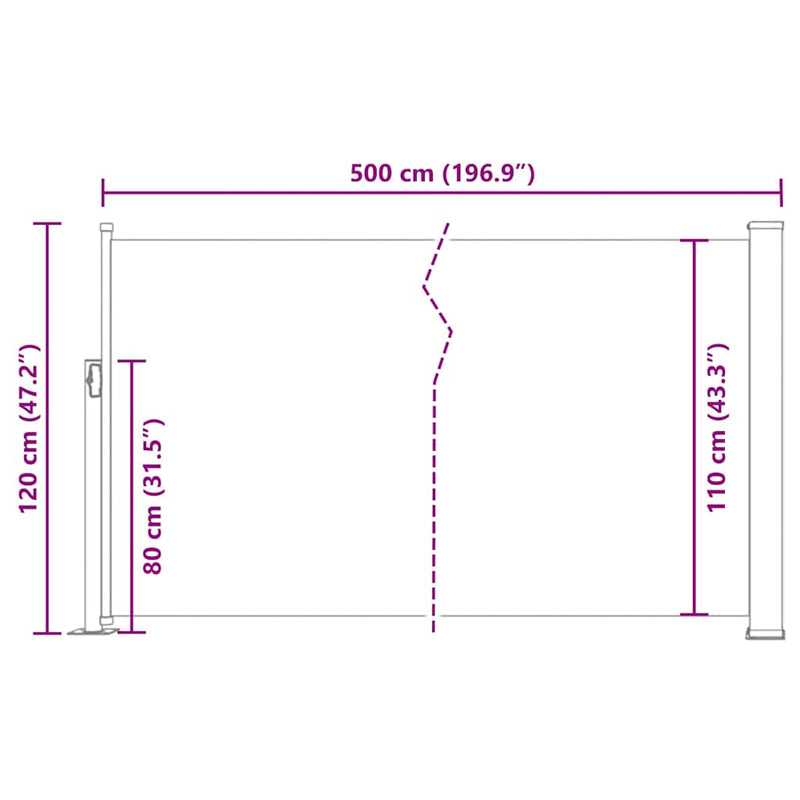 vidaXL fekete behúzható oldalsó teraszi napellenző 120 x 500 cm