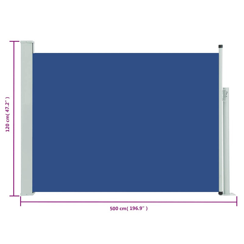 vidaXL kék behúzható oldalsó teraszi napellenző 120 x 500 cm