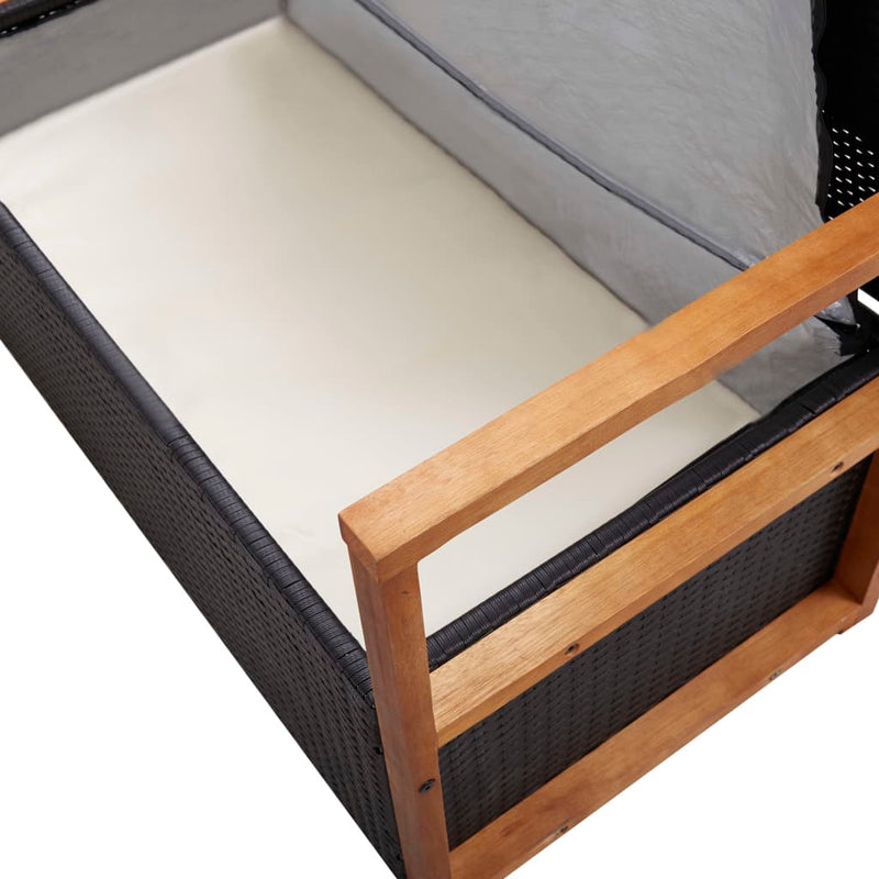 vidaXL fekete polyrattan és tömör akácfa tárolópad 115 cm