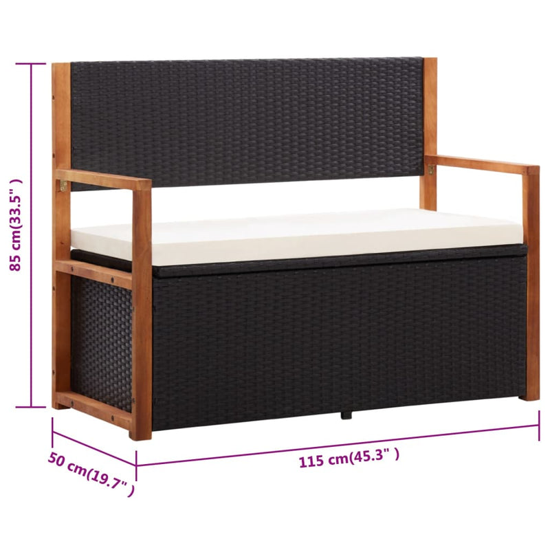 vidaXL fekete polyrattan és tömör akácfa tárolópad 115 cm