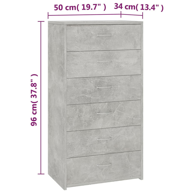 vidaXL 6-fiókos betonszürke szerelt fa tálalószekrény 50 x 34 x 96 cm