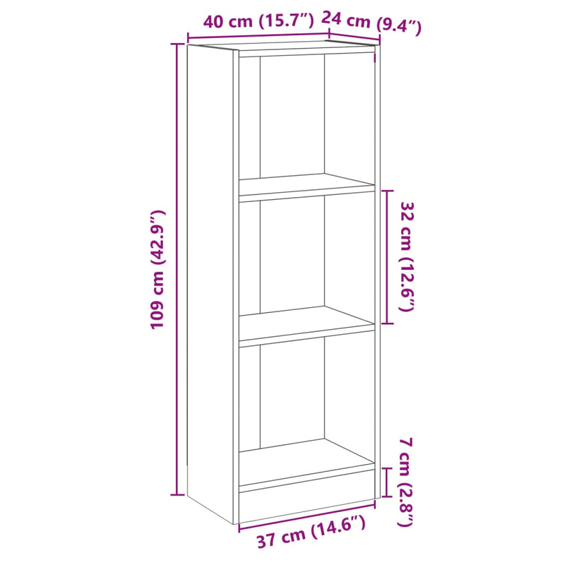 vidaXL 3 szintes fényes fehér szerelt fa könyvszekrény 40x24x109 cm