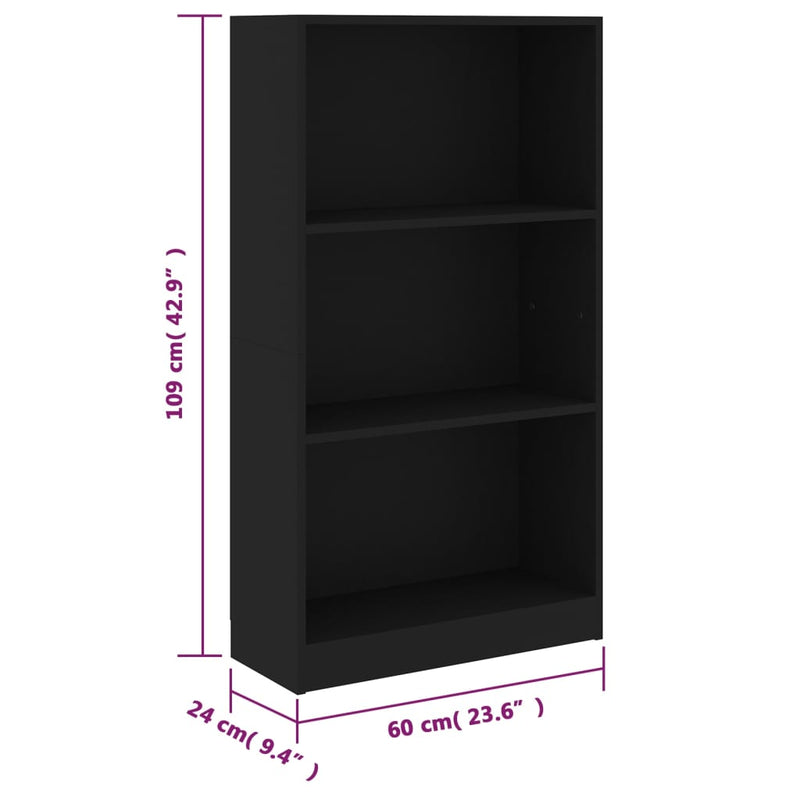 vidaXL 3 szintes fekete szerelt fa könyvszekrény 60 x 24 x 109 cm
