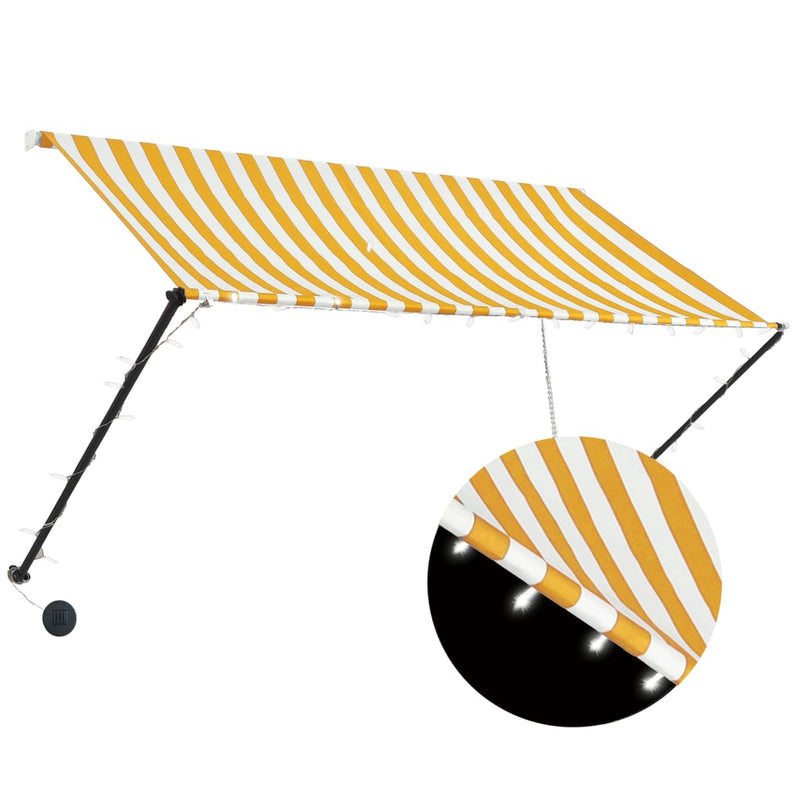 vidaXL feltekerhető sárga és fehér napellenző LED-del 250 x 150 cm