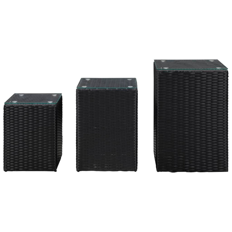 vidaXL 3 db fekete polyrattan kisasztal üveg asztallappal