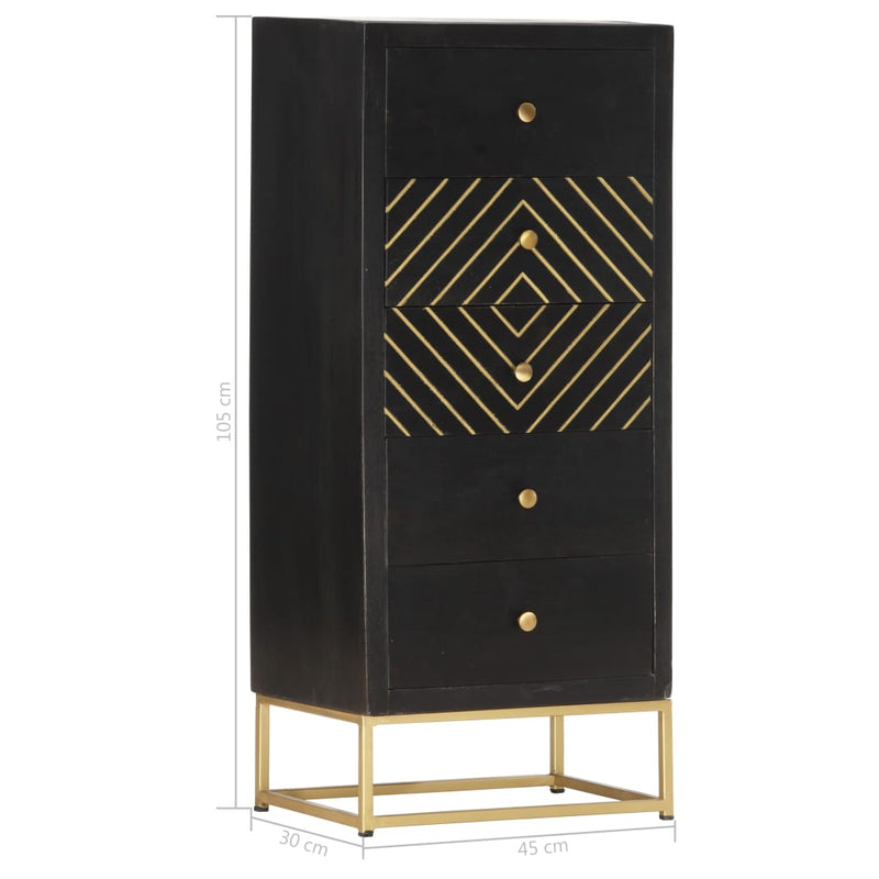 vidaXL fekete és aranyszínű tömör mangófa fiókos szekrény 45x30x105 cm