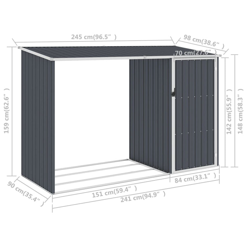 vidaXL antracitszürke horganyzott acél kerti tűzifatároló 245x98x159cm