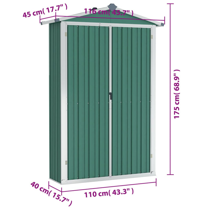 vidaXL zöld horganyzott acél kerti fészer 116x45x175 cm