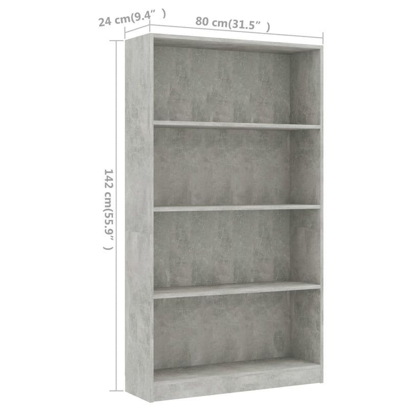 vidaXL 4-szintes betonszürke szerelt fa könyvszekrény 80 x 24 x 142 cm