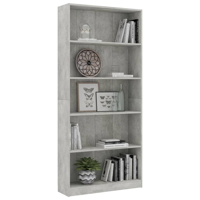 vidaXL 5-szintes betonszürke szerelt fa könyvszekrény 80 x 24 x 175 cm