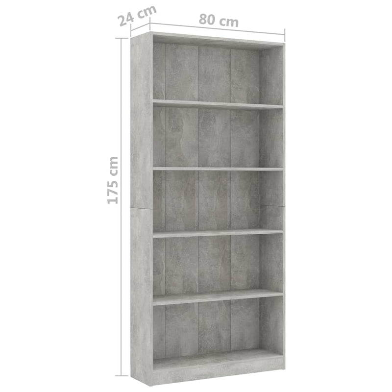 vidaXL 5-szintes betonszürke szerelt fa könyvszekrény 80 x 24 x 175 cm