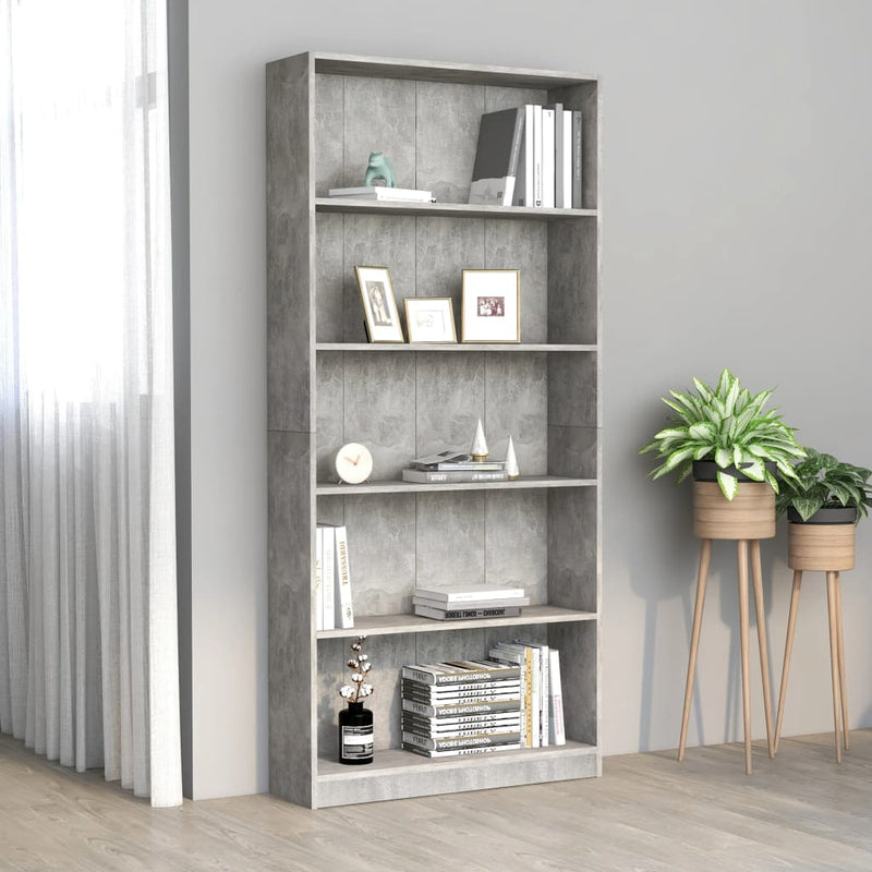 vidaXL 5-szintes betonszürke szerelt fa könyvszekrény 80 x 24 x 175 cm