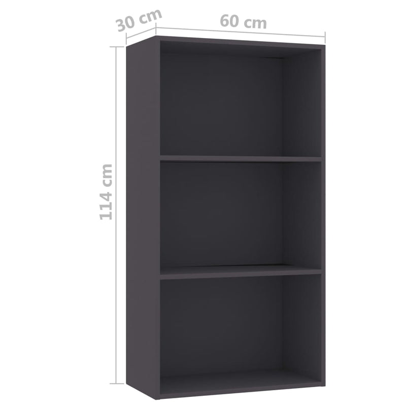 vidaXL 3-szintes szürke szerelt fa könyvszekrény 60 x 30 x 114 cm