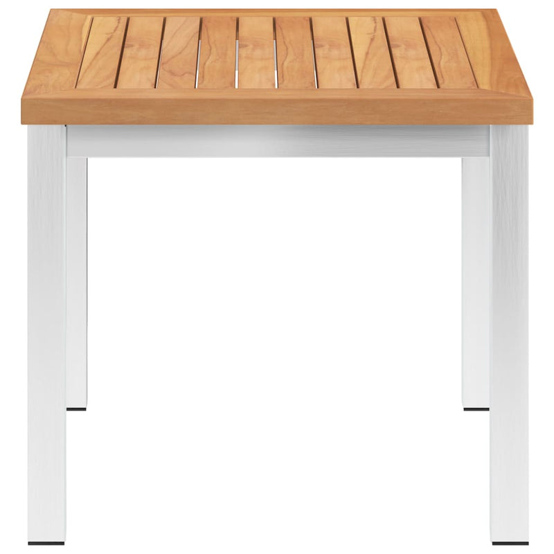 vidaXL tömör tíkfa és rozsdamentes acél kerti kisasztal 45x45x38 cm