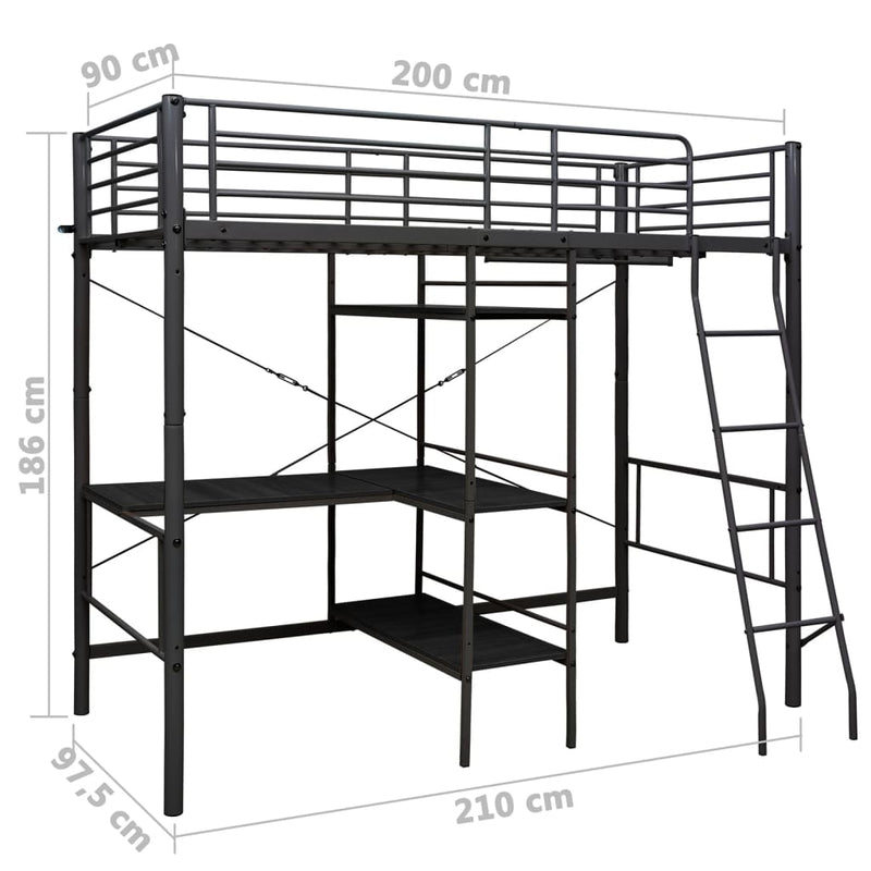 vidaXL fekete fém emeletes ágykeret asztallal 90 x 200 cm
