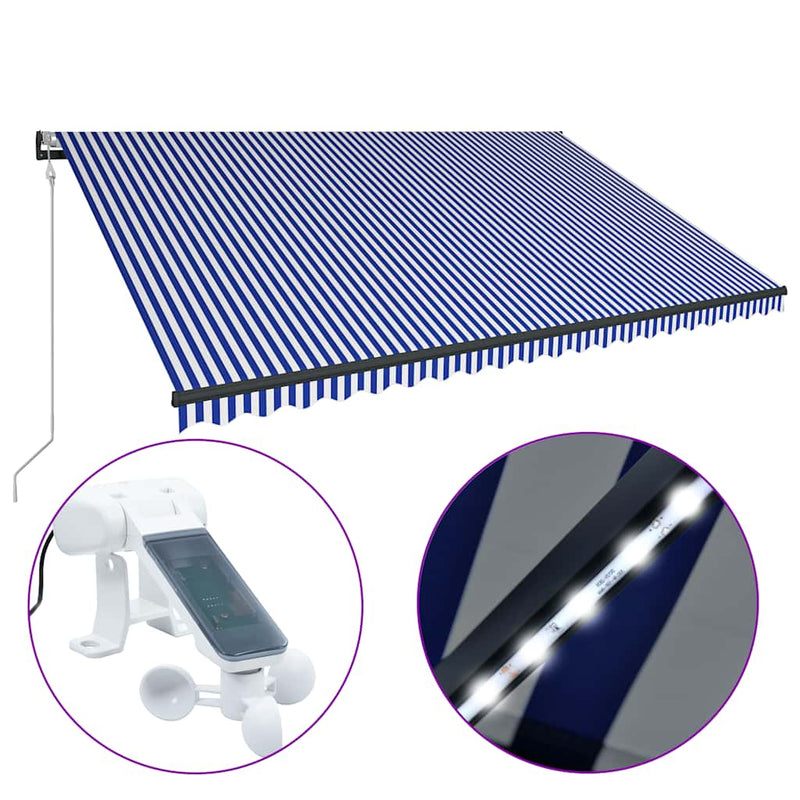 vidaXL kék és fehér szélérzékelős és LED-es napellenző 500 x 300 cm
