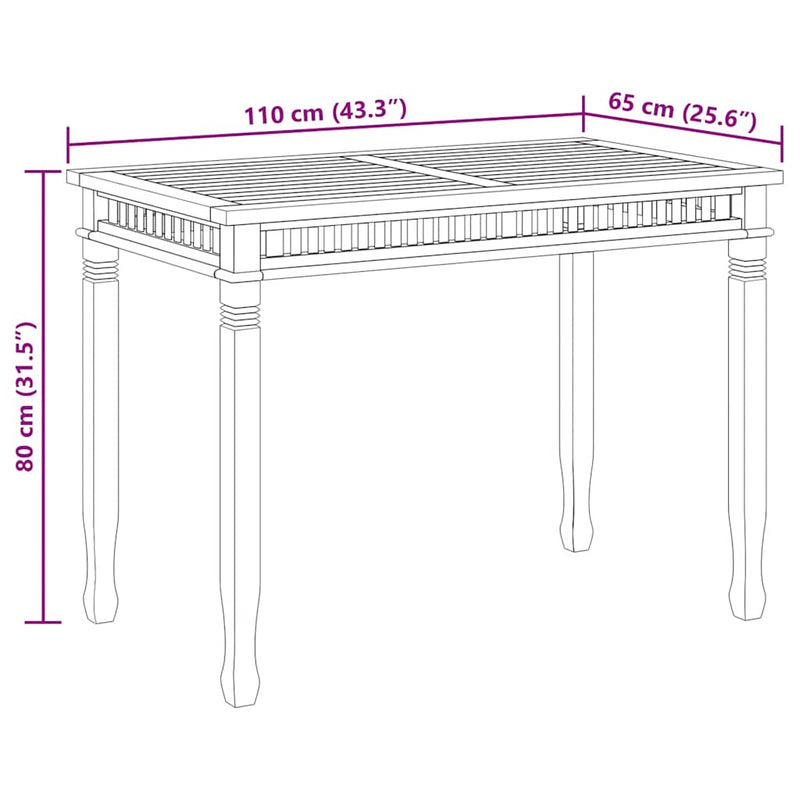 vidaXL tömör tíkfa kerti étkezőasztal 110 x 65 x 80 cm
