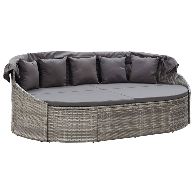 vidaXL szürke polyrattan kültéri napozóágy napellenzővel