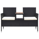 vidaXL 2 személyes fekete polyrattan kerti pad teázóasztallal 143 cm