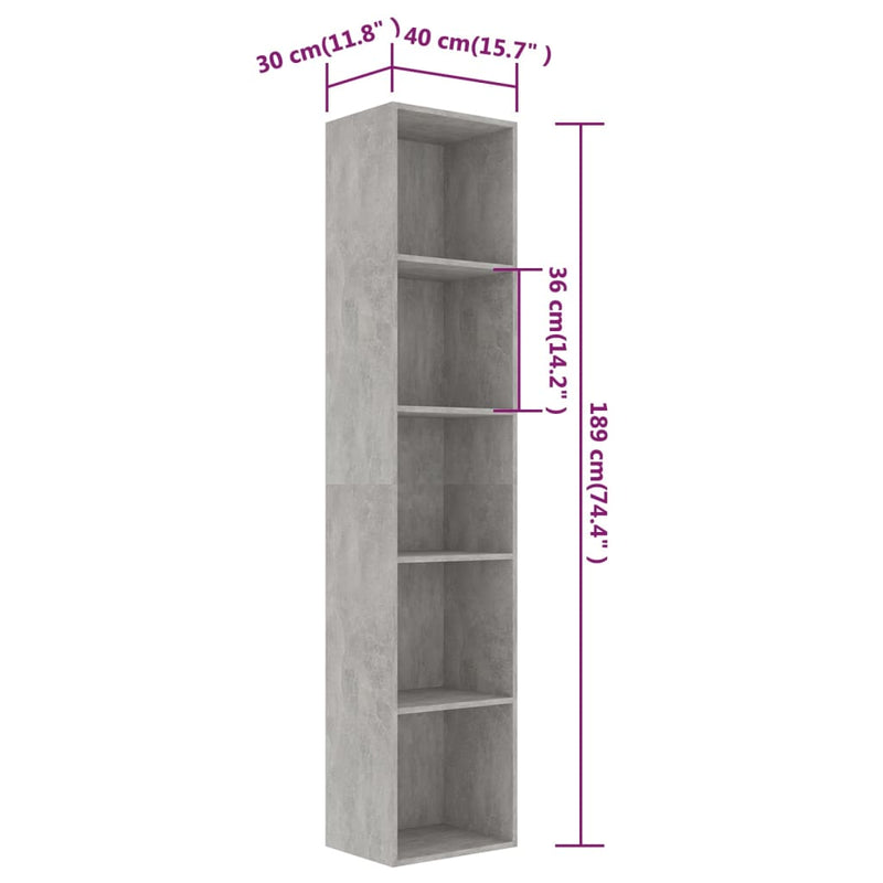 vidaXL betonszürke szerelt fa könyvszekrény 40 x 30 x 189 cm