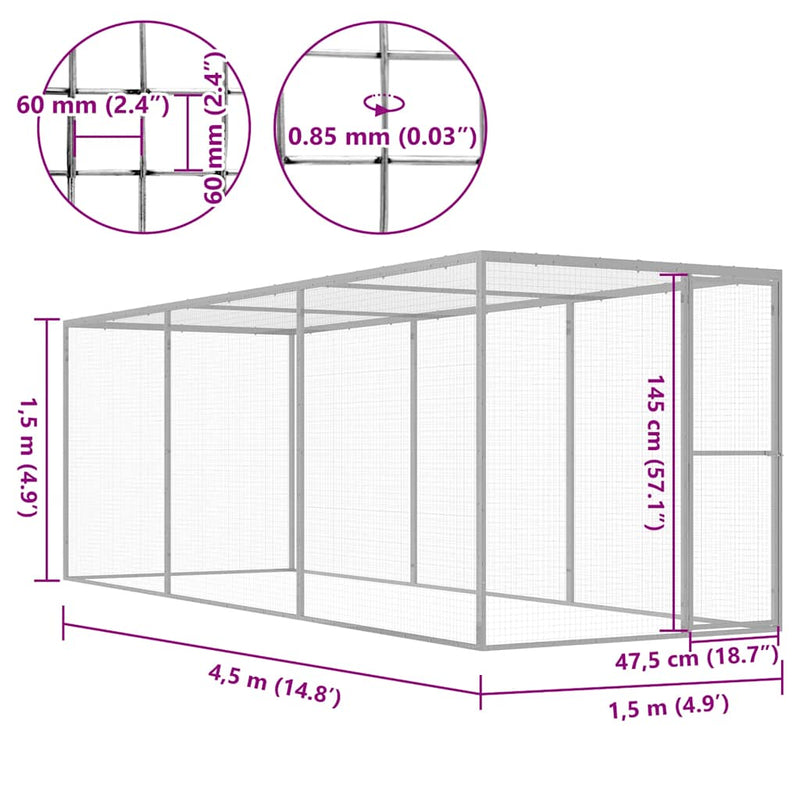 vidaXL horganyzott acél macskaketrec 4,5 x 1,5 x 1,5 m