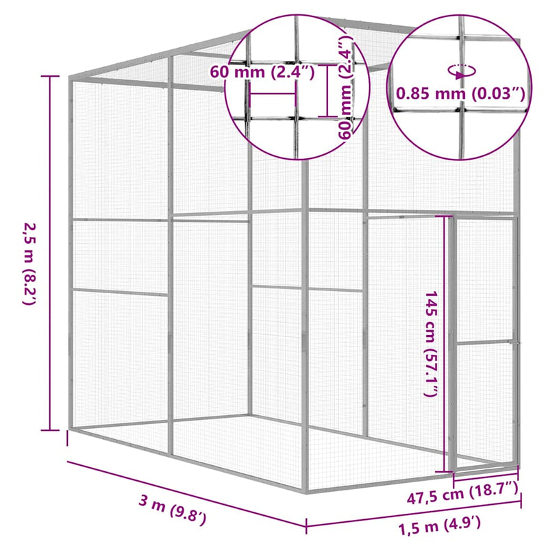vidaXL horganyzott acél macskaketrec 3 x 1,5 x 2,5 m
