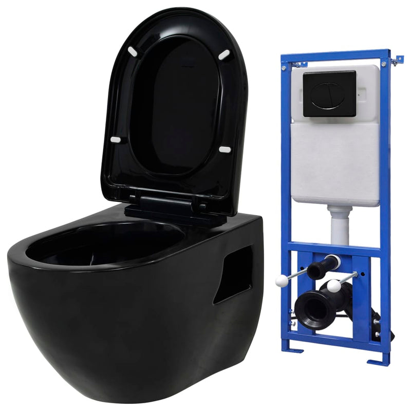 vidaXL fekete falra szerelhető kerámia WC rejtett öblítőtartállyal