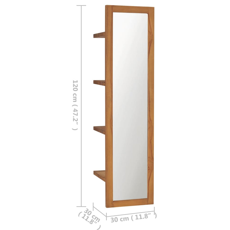 vidaXL tömör tíkfa fali tükör polcokkal 30 x 30 x 120 cm