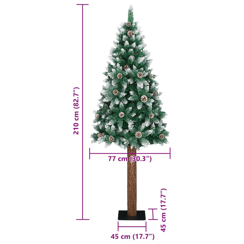 vidaXL zöld vékony karácsonyfa valódi fával és fehér hóval 210 cm