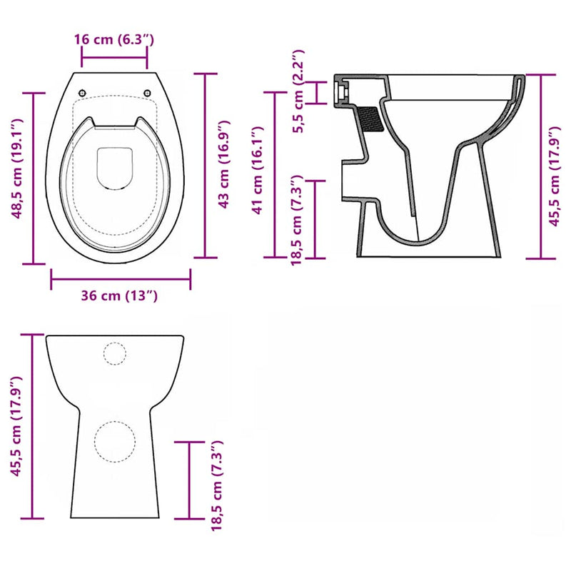 vidaXL fekete kerámia perem nélküli WC 7 cm extra magasság Soft Close