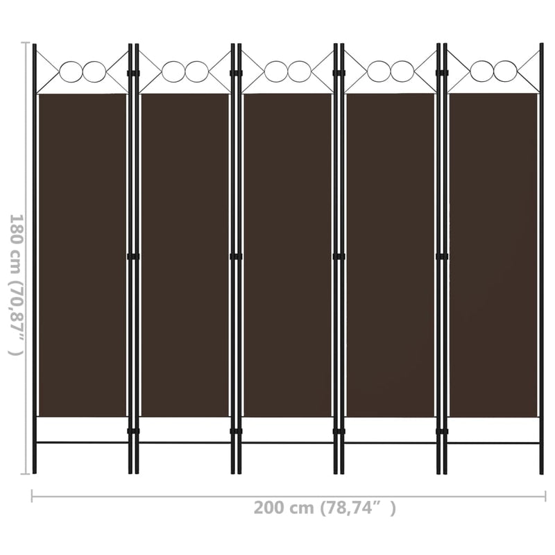 vidaXL barna 5 paneles paraván 200 x 180 cm