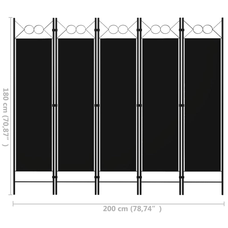 vidaXL fekete 5 paneles paraván 200 x 180 cm