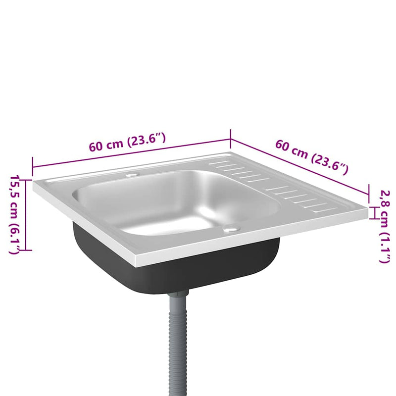 vidaXL ezüst rozsdamentes acél lefolyós konyhamosogató 600x600x155 mm