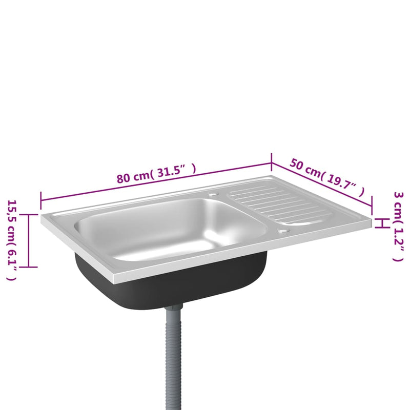 vidaXL ezüst rozsdamentes acél lefolyós konyhamosogató 800x500x155 mm
