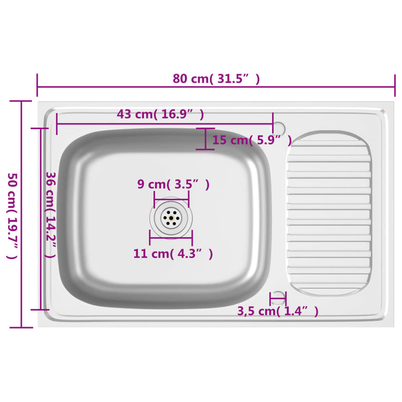 vidaXL ezüst rozsdamentes acél lefolyós konyhamosogató 800x500x155 mm