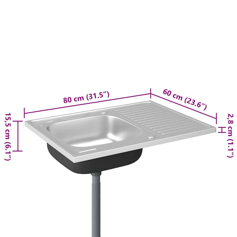 vidaXL ezüst rozsdamentes acél lefolyós konyhamosogató 800x600x155 mm